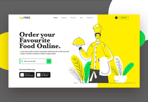 Landing Page or Hero Banner Design with Chef Character Presenting Dish Cloche.