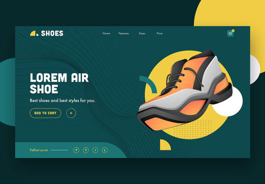 Air Shoes Landing Page Design in Abstract Wave Striped Green Background.