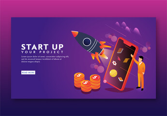 Start Up Your Project Based Landing Page Design in Purple Color, Illustration of Businessman Launching a Rocket from Smartphone and Dollar Coins Stack.