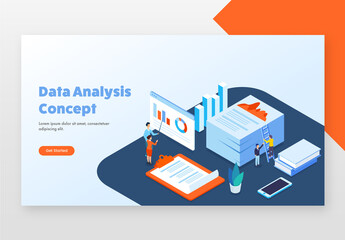 Isometric View of Business People Maintains or Analysis Data for Data Analysis Concept Based Landing Page.