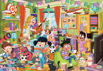 Cartoon children playing in the bedroom. Messy cartoon bedroom with a lot of objects.
