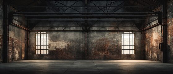 Industrial loft style empty old warehouse interior,brick wall,concrete floor - obrazy, fototapety, plakaty