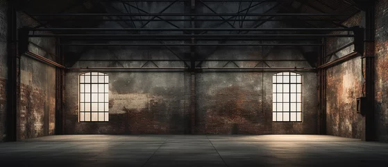 Fotobehang Industrial loft style empty old warehouse interior,brick wall,concrete floor © Tony A