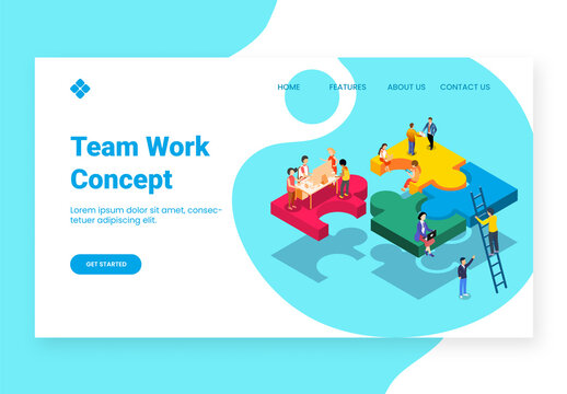 Teamwork Concept Based Landing Page Design with Isometric View of Business People Working Together to Complete the Project.