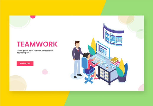 Teamwork Concept Based Landing Page Design with Illustration of Business People Working Together at Workplace.