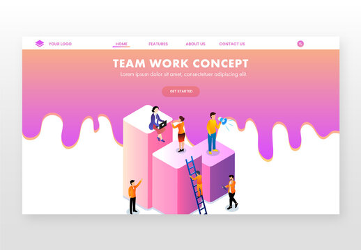 Isometric View of Business People Working Different Platform in Level Position For Teamwork or Company Growth Landing Page.