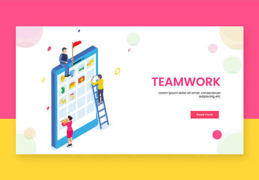 Teamwork Concept Based Landing Page Design with Isometric View of Business People Maintain Mobile Data Together.