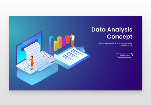 Isometric View of Business People Maintains or Analysis Data with Laptop and Bar Graph for Data Analysis Concept Based Landing Page.