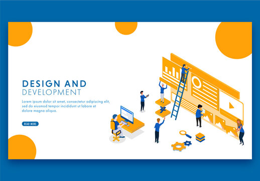 Design and Development Concept Based Landing Page, Isometric View of Business People Maintain Website at Workplace.
