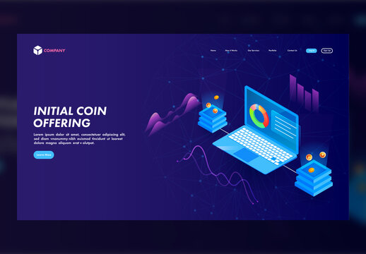 Initial Coin Offering (ICO) Concept Based Landing Page, Isolated Laptop Connected with Crypto Servers and Infographic Screen.