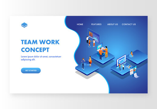 Isometric Illustration Of Business People Working on Different Platforms For Data Analysis and Teamwork Concept Based Landing Page.
