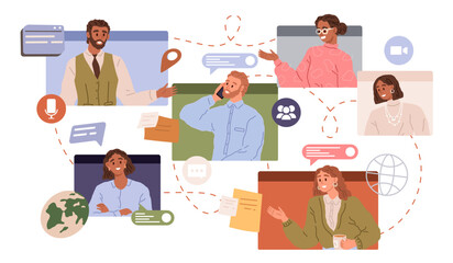 Video conference. Vector illustration. The discussion during video conference encourages diverse perspectives Interviews conducted through video conferences simplify hiring process Seminars