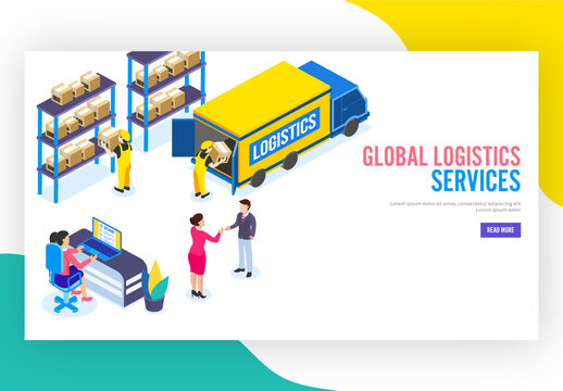 Global Logistics Service Concept Based Landing Page With Business People Working At Workplace And Isometric Cargo Truck.