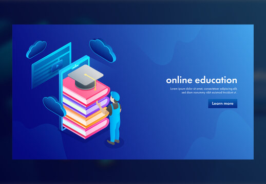 E-Learning or Online Education Concept Based Landing Page Design in Blue Color, Illustration of Young Boy Storing Online Learning Data.
