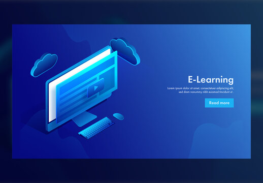 E-Learning Concept Based Landing Page Design in Blue Color, Isometric Video Play Screen in Computer.