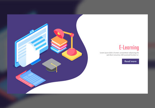 E-Learning Concept Based Landing Page with Isometric Desktop, Books, Graduation Cap and Desk Lamp.