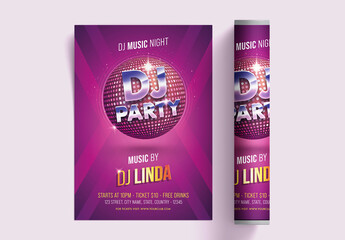 DJ Music Night Party Flyer or Template Layout with Disco Ball.