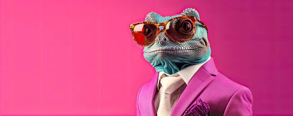 Kissenbezug Funny lizard wearing a pink suit and glasses on red pink background. © Alena