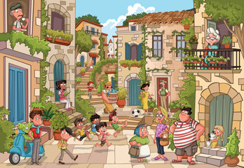 Cartoon italian village with funny people. Street of a small town with houses, flowers and plants.  