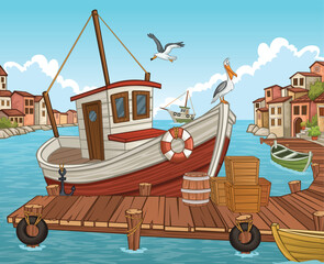 Fisherman village with boats. Wooden pier with boats.
- 688570531
