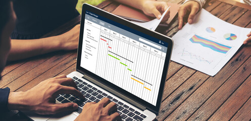 Project planning software for modish business project management on the computer screen showing...