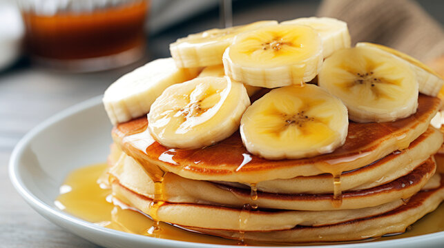 pancakes with banana slices and honey on top