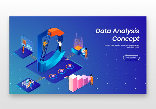 Data Analysis Concept Based Landing Page Design in Blue Color, 3D Letter D with Business People Analysis Data and Stats on Workplace.