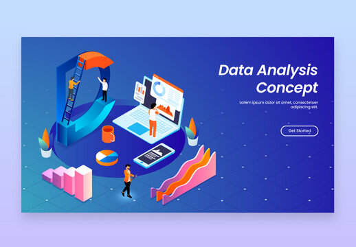 Data Analysis Concept Based Landing Page in Blue Color, 3D Letter D with Business People Maintain or Analysis the Data.