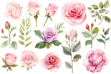 Set watercolor elements of roses collection on white background generated AI - obrazy, fototapety, plakaty