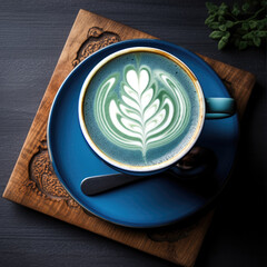 Top view of matcha latte on wooden background in blue color.