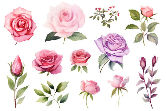 Set watercolor elements of roses collection on white background generated AI
