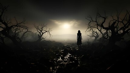 AI-generated illustration of a silhouette in a mysterious foggy forest illuminated by bright light