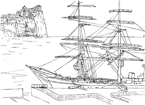 A landscape with a large three-masted sailing ship. A frigate with sails retracted, moored at the sea pier, against the background of a rock in a gulf. Ink sketch