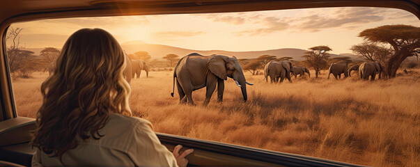 Woman from rear view on safari travell or elephant watching from off road car.