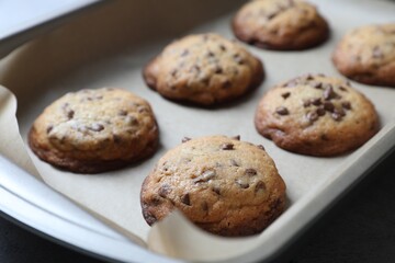 Baking pan with chocolate chip cookies, closeup