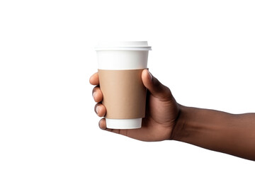 African american man's hand holding a paper cup on transparent and white background. Concept of reduce global warming.