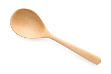 One empty wooden spoon isolated on white, top view