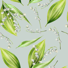 Watercolor seamless pattern with bouquets of lilies of the valley flowers isolated on background. Spring hand painted illustration. For designers, wedding, decoration, postcards, wrapping paper, scr