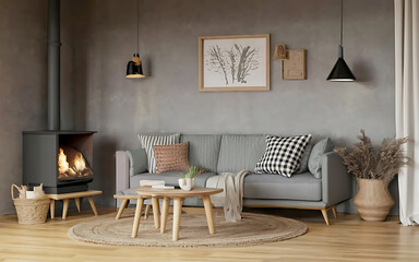 Scandinavian home interior design of modern living room with pillows coffee table, sofa. Generative ai