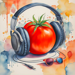 Tomato with headphones and sunglasses on the abstract background.