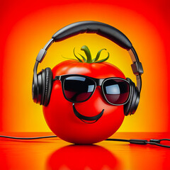 Tomato with headphones and sunglasses on the abstract background.