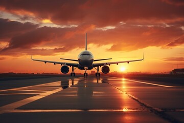 Airplane Landing In The Airport Runway With Sunset background - obrazy, fototapety, plakaty