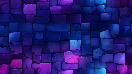Abstract Blue and Purple brick wall background - Gaming pixel wall bricks, cartoon style - Seamless tile. Endless and repeat print.