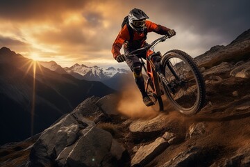 motocross rider on a motorcycle on mountain, mountain rider, cycle rider - Powered by Adobe