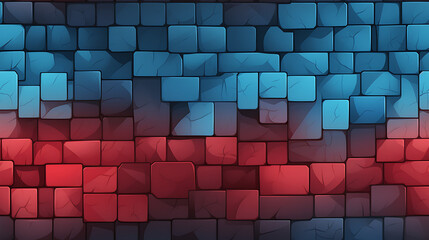 Abstract Red and Blue brick wall background - Gaming pixel wall bricks, cartoon style - Seamless tile. Endless and repeat print.