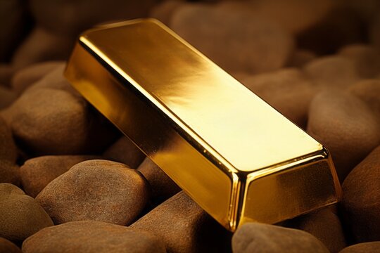 A golden bar sits elegantly on a surface of beautifully shaped stones in the background.