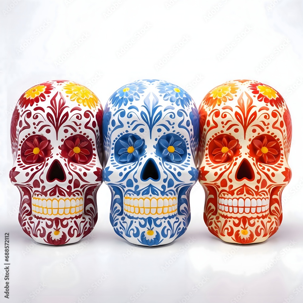 Wall mural Three white colored painted decorated skulls For the day of the dead, on a white isolated background.