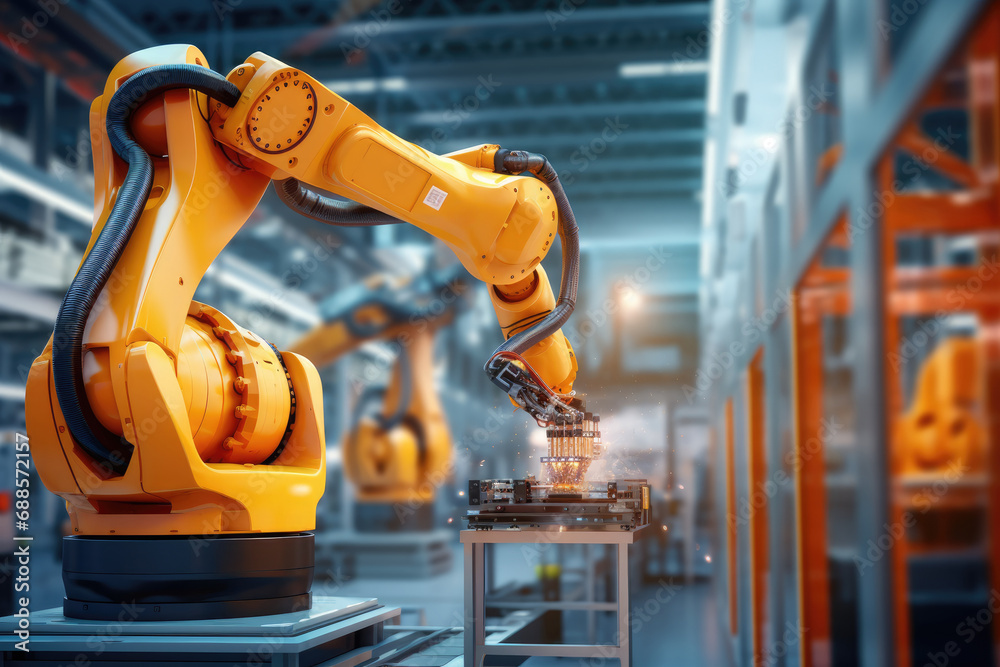 Leinwandbilder robotic arm for electronic assembly line. smart modern factory automation using advanced machines.