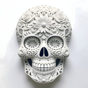 Great white, colorful, painted, decorated skull For the day of the dead, on a white isolated background.