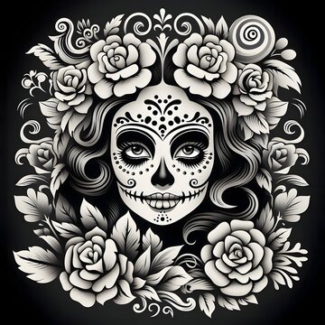 Face of a woman in a mask all around, flowers. For the day of the dead and halloween. Black and white picture coloring book.